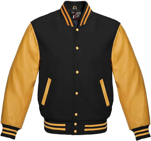 Modern Bomber Style Jacket with Wool Body & Gold Sleeves