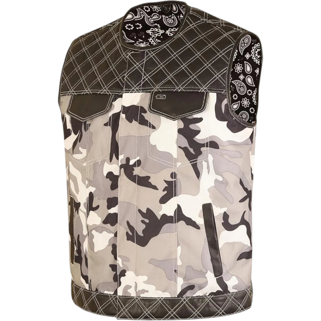 Genuine Leather & Textile Camouflage Vest – Men's Motorcycle Club Style
