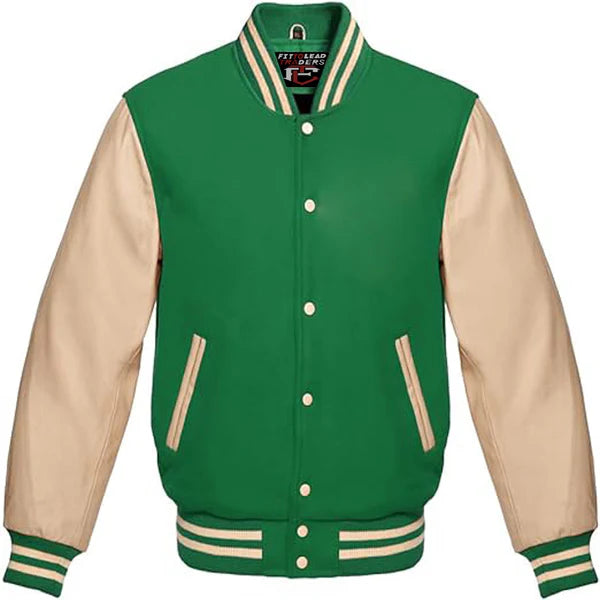 Classic Varsity Jacket Wool Body & Cream Leather Sleeves Vintage Baseball Style