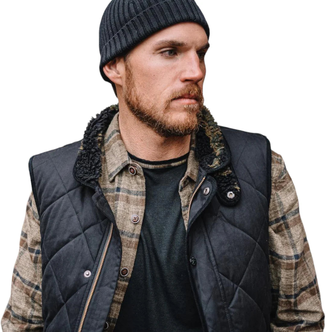 Men's Black Quilted Sleeveless Vest with High Collar and Front Pockets