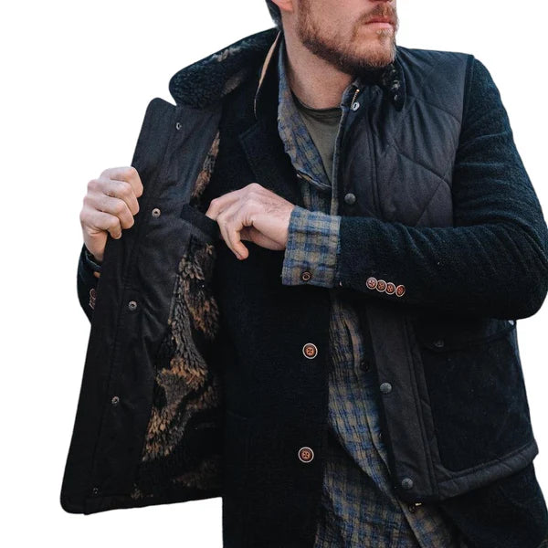 Men's Black Quilted Sleeveless Vest with High Collar and Front Pockets