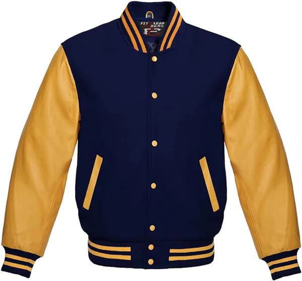 Modern Bomber Style Jacket with Wool Body & Gold Sleeves