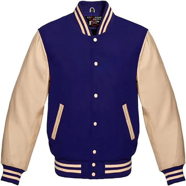 Classic Varsity Jacket Wool Body & Cream Leather Sleeves Vintage Baseball Style
