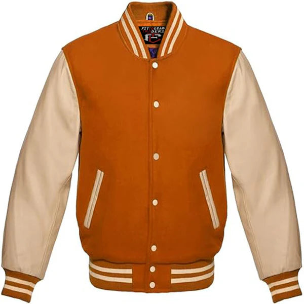 Classic Varsity Jacket Wool Body & Cream Leather Sleeves Vintage Baseball Style