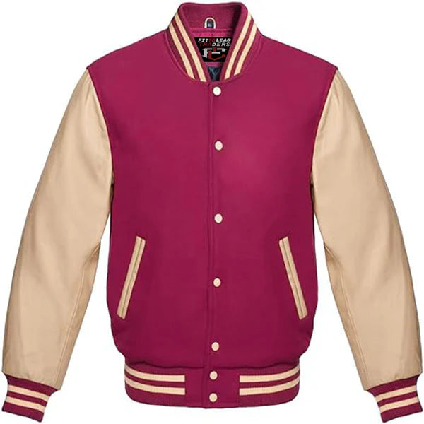 Classic Varsity Jacket Wool Body & Cream Leather Sleeves Vintage Baseball Style