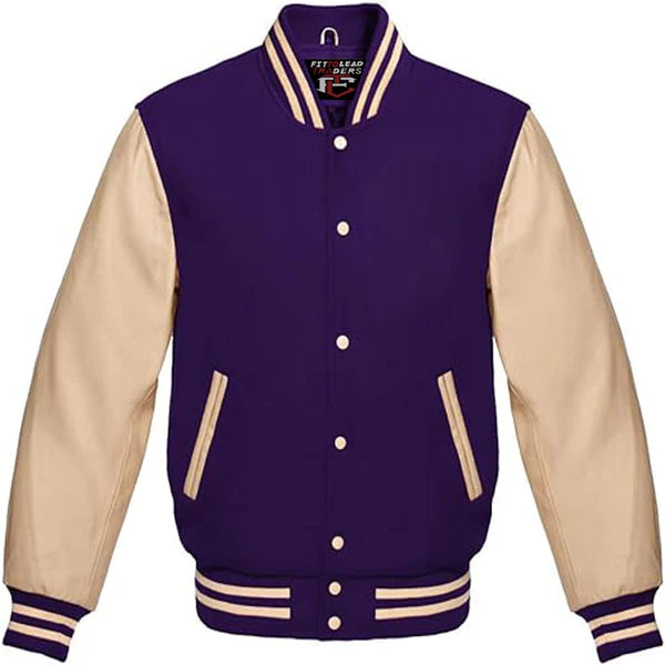 Classic Varsity Jacket Wool Body & Cream Leather Sleeves Vintage Baseball Style