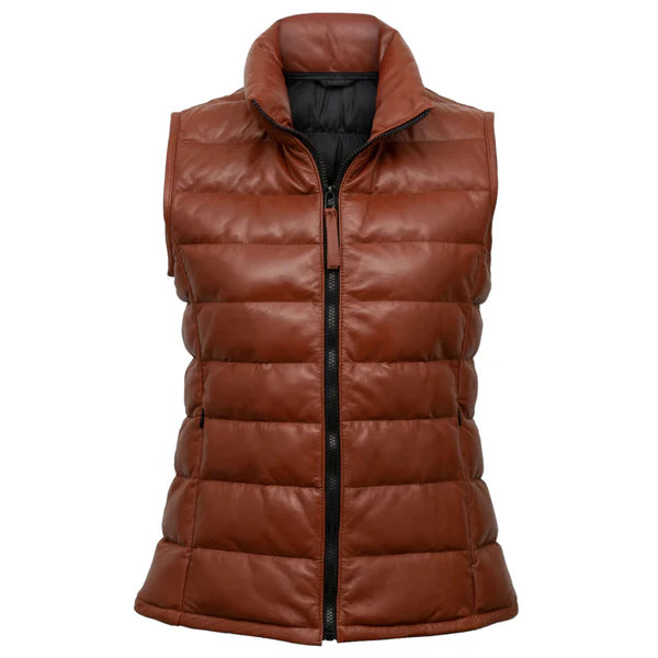 Stylish Women's Rust Funnel Leather Gilet