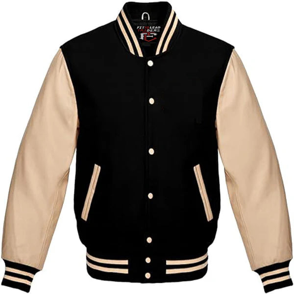 Classic Varsity Jacket Wool Body & Cream Leather Sleeves Vintage Baseball Style
