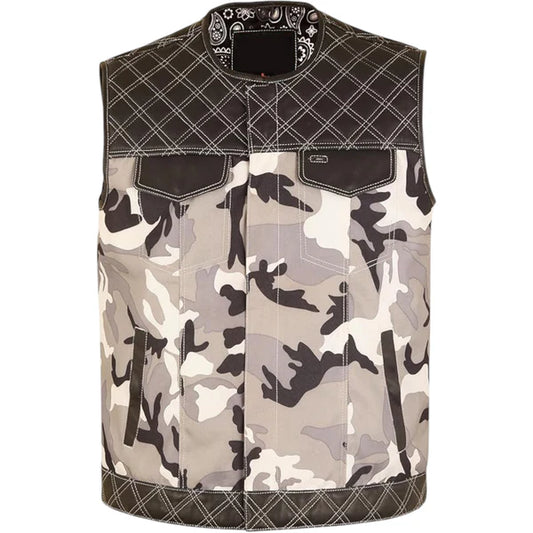 Genuine Leather & Textile Camouflage Vest – Men's Motorcycle Club Style