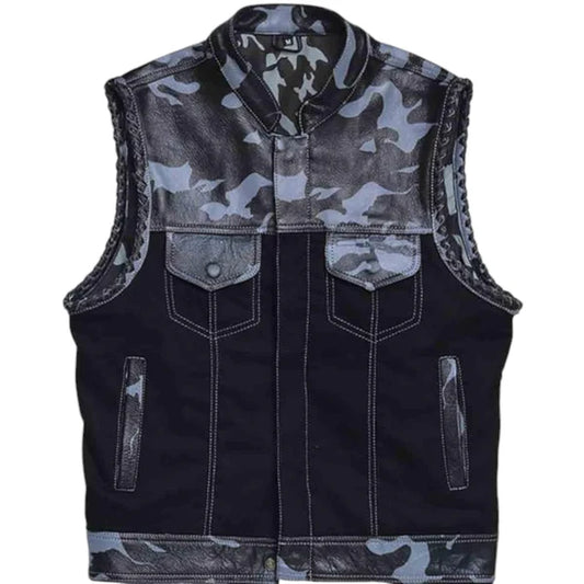 Men's Biker Rider Vest – Camouflage Leather & Textile Sleeveless Jacket
