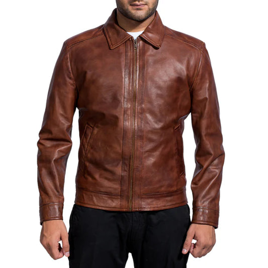 Men's Premium Leather Jacket with Harrington Collar Brown Leather