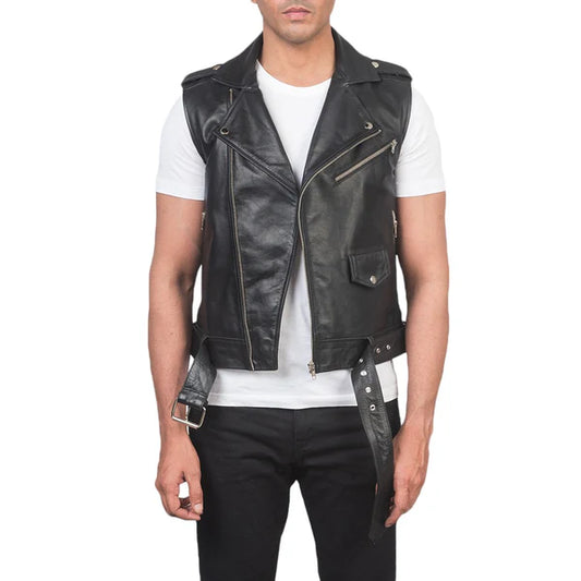 Men's Black Leather Motorcycle Vest