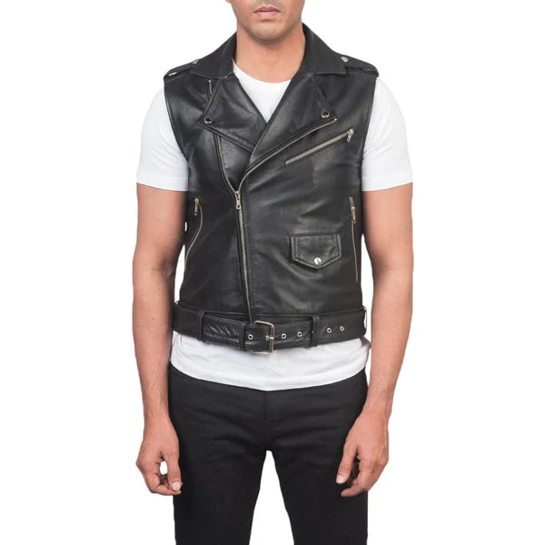 Men's Black Leather Motorcycle Vest