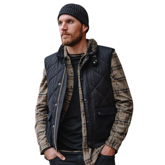 Men's Black Quilted Sleeveless Vest with High Collar and Front Pockets