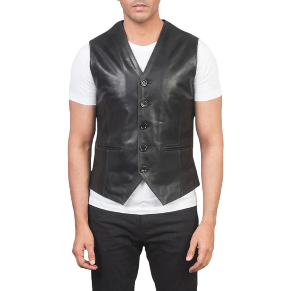 Superior Quality Black Leather Vest in Auden