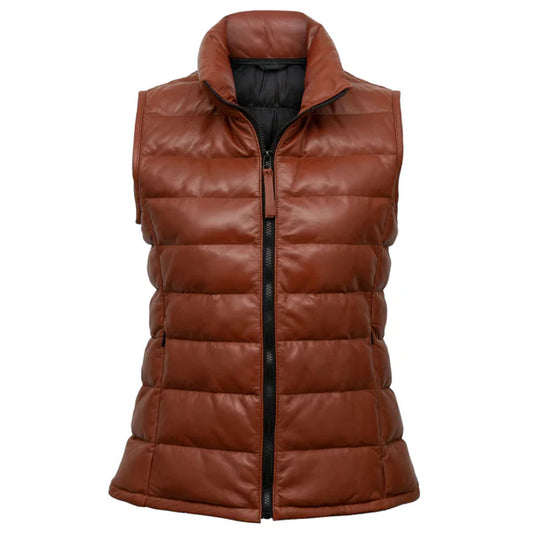 Stylish Women's Rust Funnel Leather Gilet