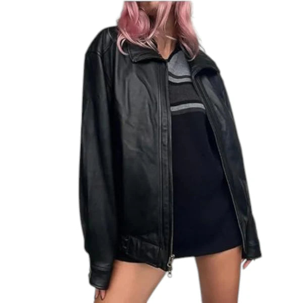 Retro Oversized 90s Leather Jacket for Women